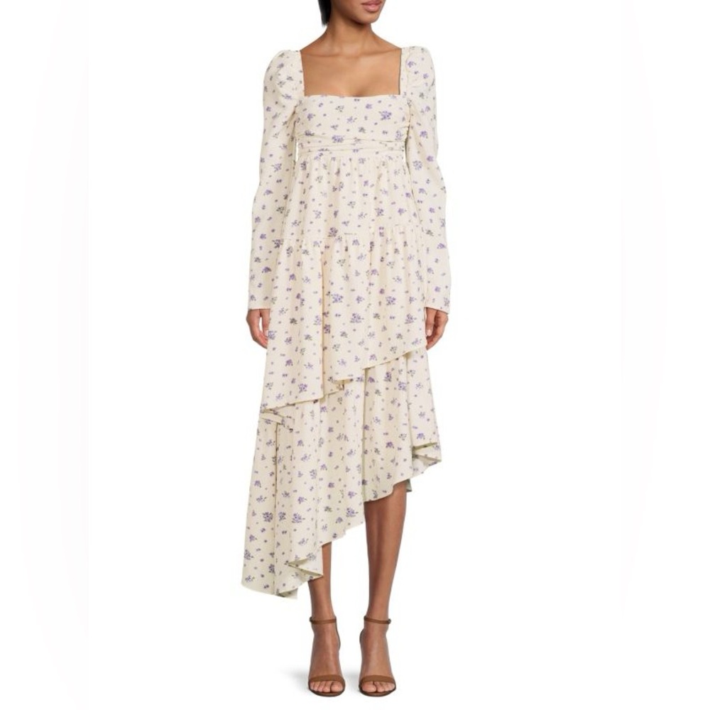 White & Blue Floral Asymmetric Tiered Dress with Square Neck